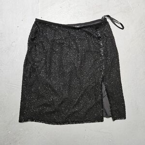 Vintage Studio Sz 14 100% Silk Hand Beaded Slit Whimsical Black Sequined Skirt